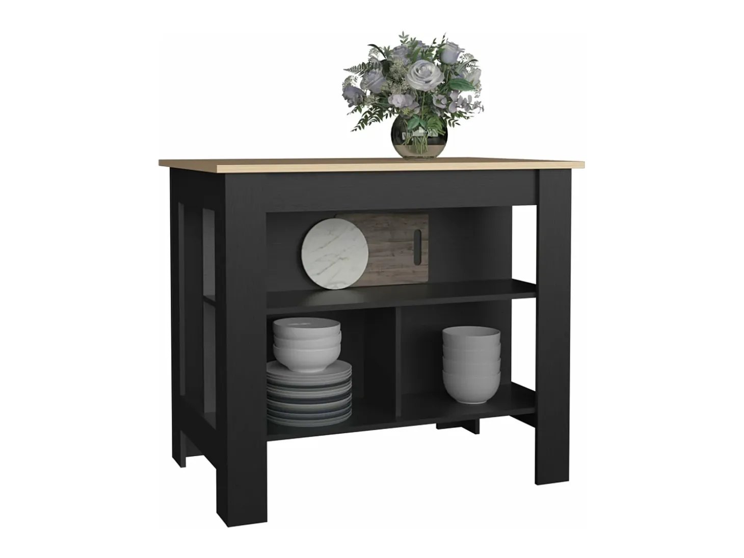 Isla de cocina Cala en melamina con 3 estantes , Rovere / Negro , 90 cm X 103 cm X 70 cm