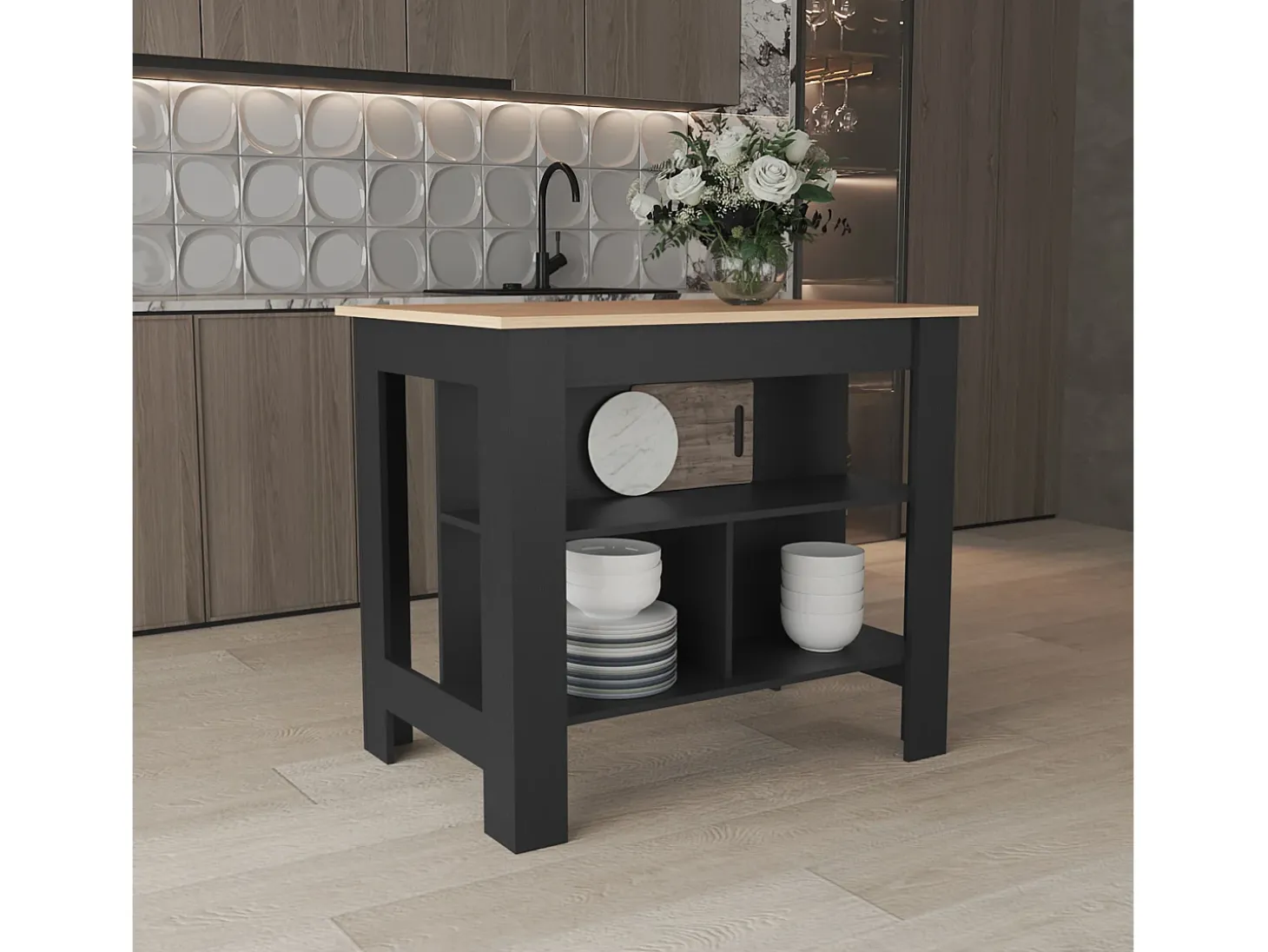 Isla de cocina Cala en melamina con 3 estantes , Rovere / Negro , 90 cm X 103 cm X 70 cm