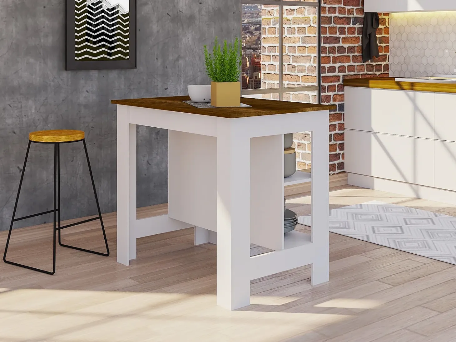 Isla de cocina Cala, tres estantes y cuatro patas 90 CM A X 103 CM An X 70 CM P. Blanco / Caramelo
