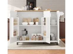 Isla de cocina, carrito de cocina con acabado madera, mueble rodante con toallero y estantes regulables (130x45(75)x92 cm)