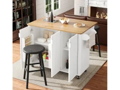 Isla de cocina, carrito de cocina con acabado madera, mueble rodante con toallero y estantes regulables (130x45(75)x92 cm)
