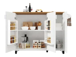 Isla de cocina, carrito de cocina con acabado madera, mueble rodante con toallero y estantes regulables (130x45(75)x92 cm)