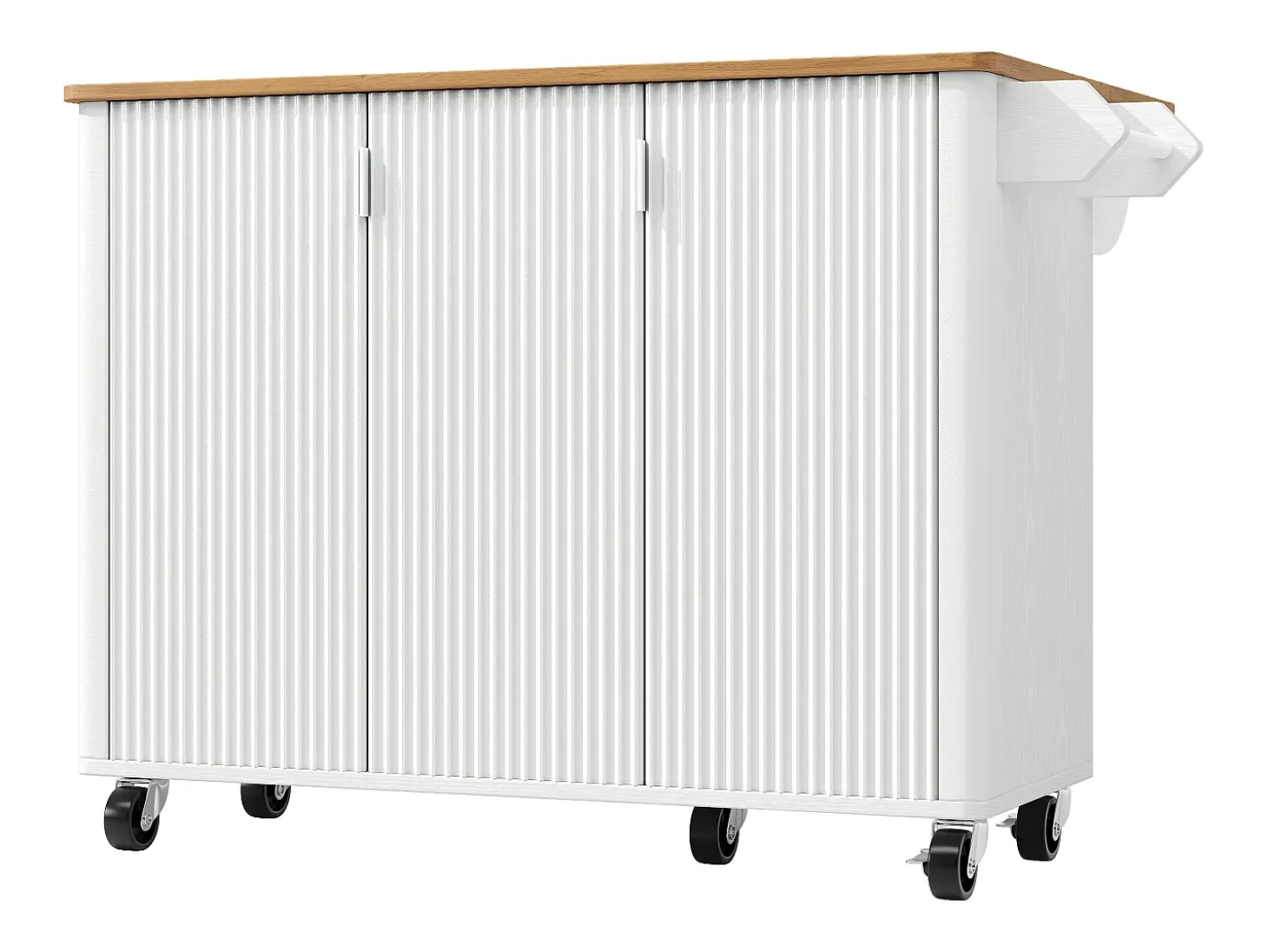 Isla de cocina, carrito de cocina con acabado madera, mueble rodante con toallero y estantes regulables (130x45(75)x92 cm)