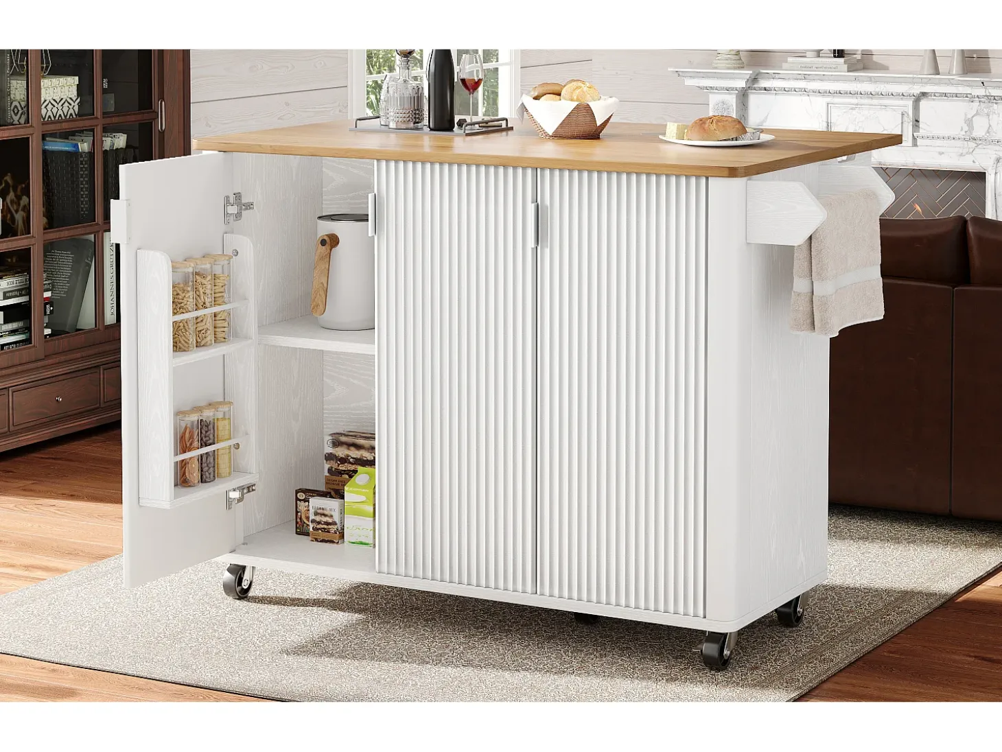 Isla de cocina, carrito de cocina con acabado madera, mueble rodante con toallero y estantes regulables (130x45(75)x92 cm)