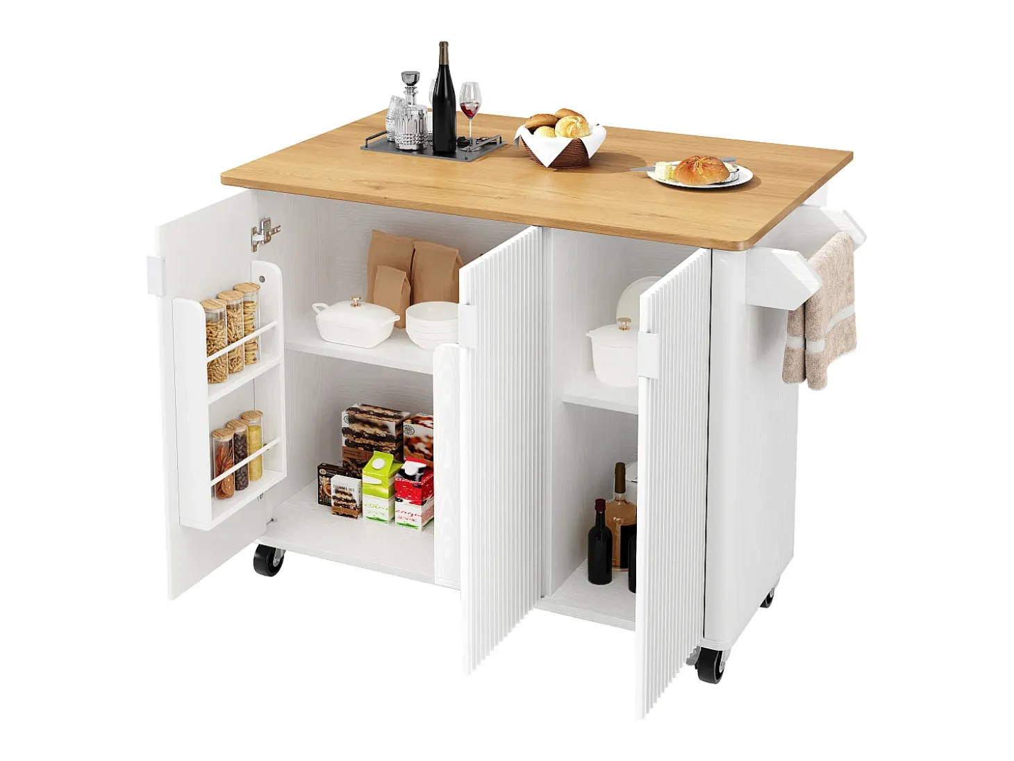 Isla de cocina, carrito de cocina con acabado madera, mueble rodante con toallero y estantes regulables (130x45(75)x92 cm)