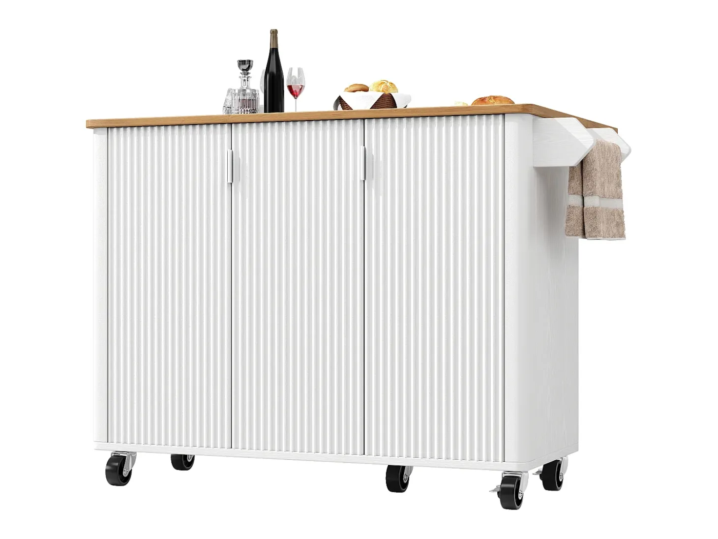 Isla de cocina, carrito de cocina con acabado madera, mueble rodante con toallero y estantes regulables (130x45(75)x92 cm)