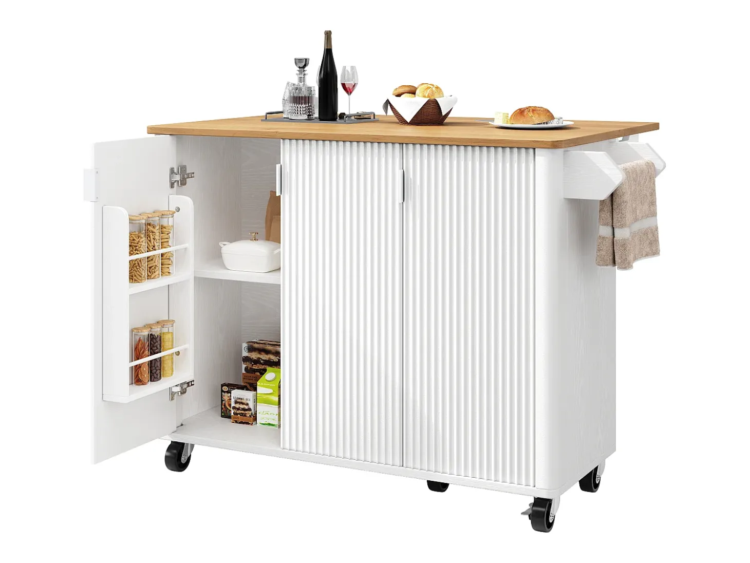 Isla de cocina, carrito de cocina con acabado madera, mueble rodante con toallero y estantes regulables (130x45(75)x92 cm)