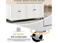 Isla de cocina central - con 4 puertas y 2 cajones - tablero extensible - con ruedas - 180,5×45×92,2 cm - Blanco + Natural