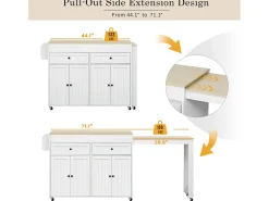 Isla de cocina central - con 4 puertas y 2 cajones - tablero extensible - con ruedas - 180,5×45×92,2 cm - Blanco + Natural