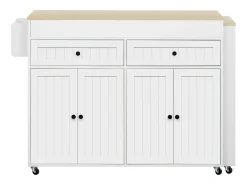 Isla de cocina central - con 4 puertas y 2 cajones - tablero extensible - con ruedas - 180,5×45×92,2 cm - Blanco + Natural