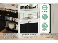 Isla de cocina central con 3 puertas + 2 cajones - 120 x 60 x 91 cm - con enchufes + USB - MDF - negro