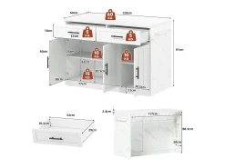 Isla de cocina central con 3 puertas + 2 cajones - 120 x 60 x 91 cm - con enchufes + USB - MDF - blanco