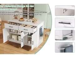Isla de cocina central con 3 puertas + 2 cajones - 120 x 60 x 91 cm - con enchufes + USB - MDF - blanco