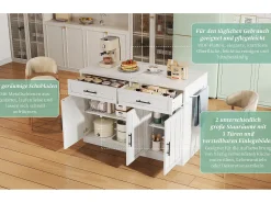 Isla de cocina central con 3 puertas + 2 cajones - 120 x 60 x 91 cm - con enchufes + USB - MDF - blanco