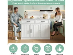 Isla de cocina central con 3 puertas + 2 cajones - 120 x 60 x 91 cm - con enchufes + USB - MDF - blanco
