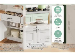 Isla de cocina central con 3 puertas + 2 cajones - 120 x 60 x 91 cm - con enchufes + USB - MDF - blanco