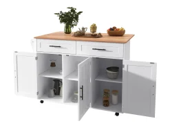 Isla de cocina central con 2 cajones - Tablero extensible - patas con ruedas o de madera maciza - Blanco