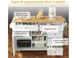 Isla de cocina central fija con una puerta, 5 cajones y 3 compartimentos abiertos - 134 x 46 x 92 cm - Madera MDF - Blanco