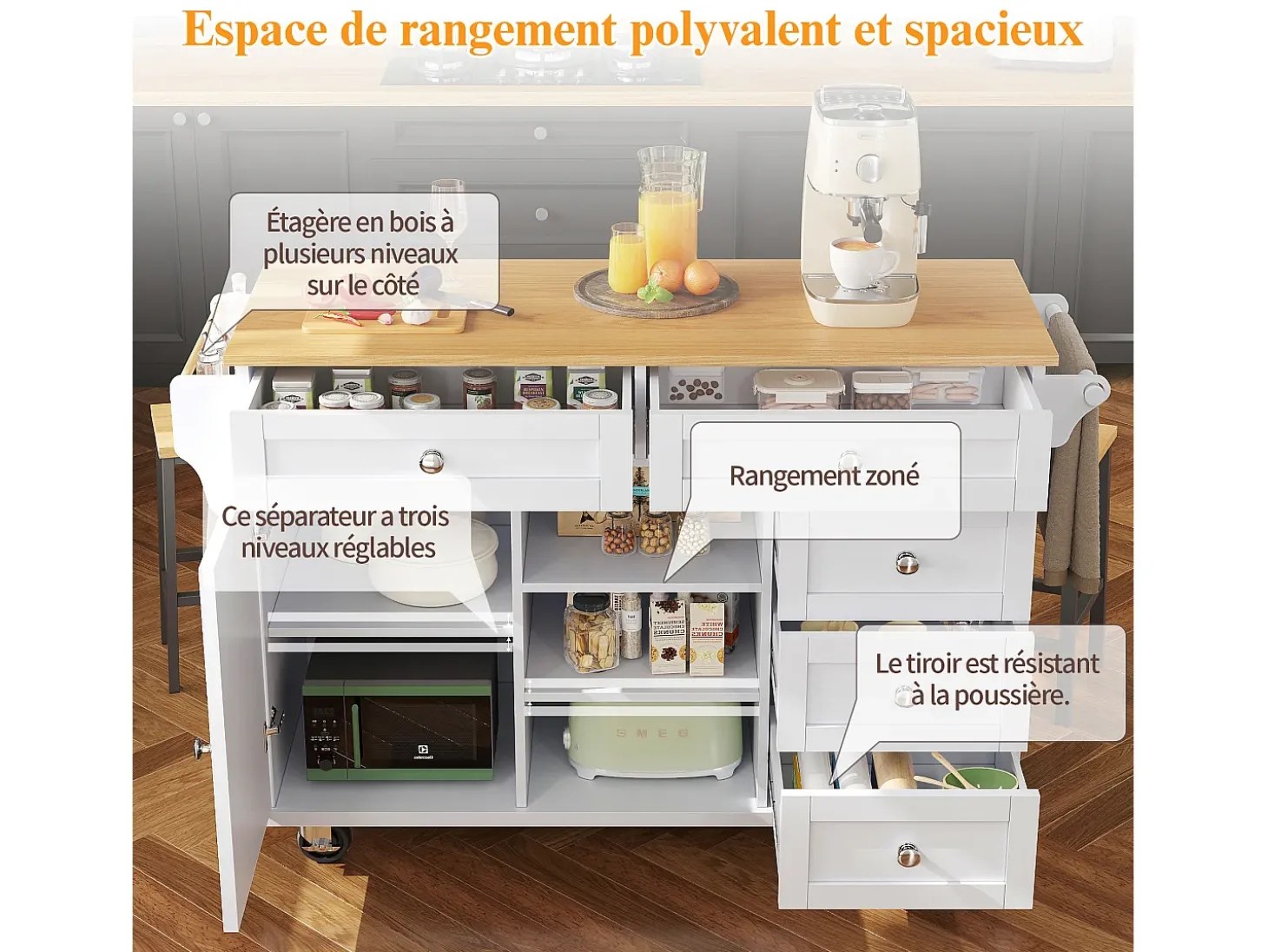 Isla de cocina central fija con una puerta, 5 cajones y 3 compartimentos abiertos - 134 x 46 x 92 cm - Madera MDF - Blanco