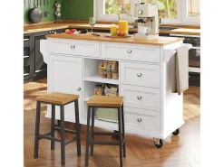 Isla de cocina central fija con una puerta, 5 cajones y 3 compartimentos abiertos - 134 x 46 x 92 cm - Madera MDF - Blanco