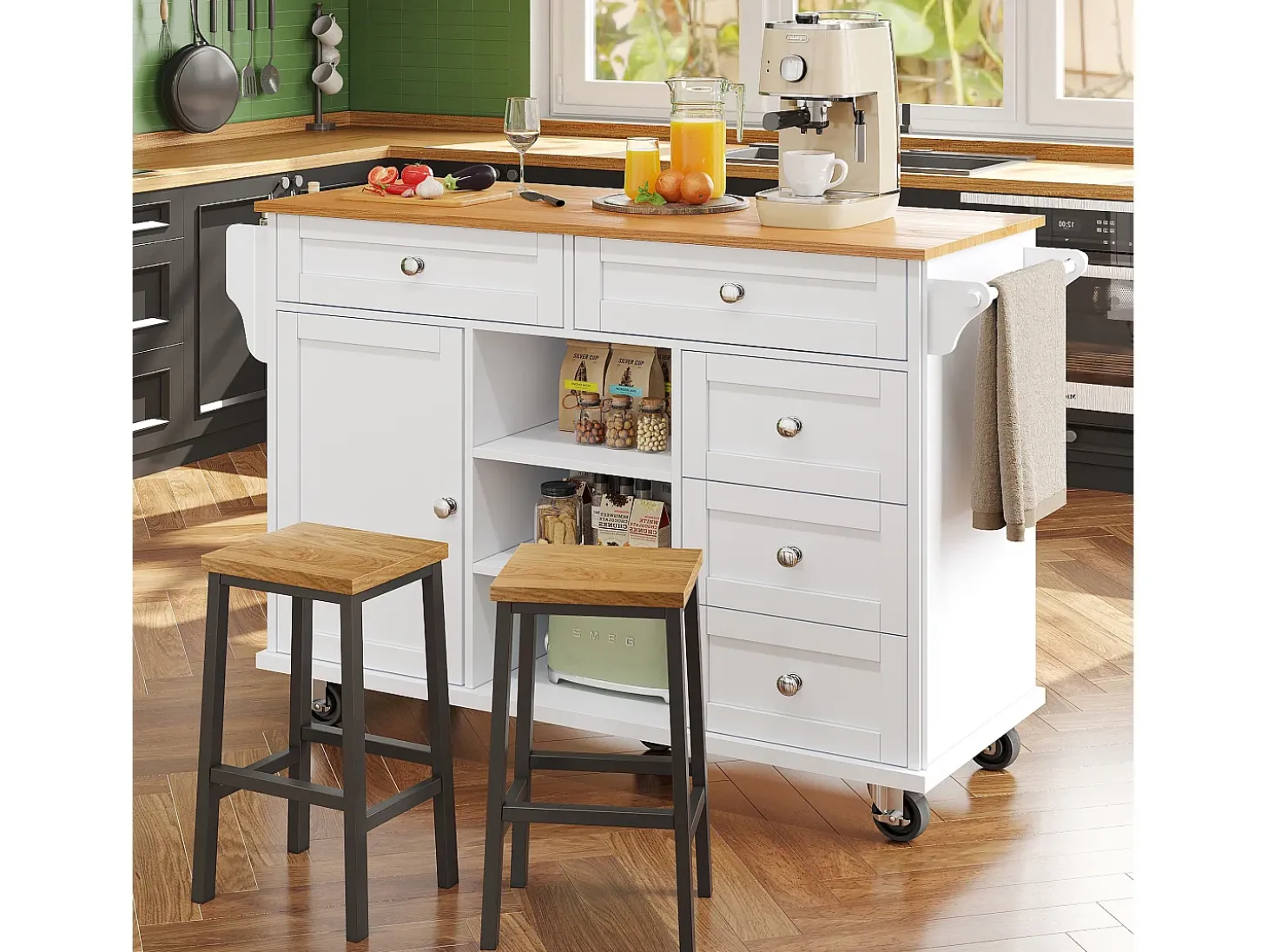 Isla de cocina central fija con una puerta, 5 cajones y 3 compartimentos abiertos - 134 x 46 x 92 cm - Madera MDF - Blanco