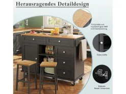 Isla de cocina central fija con una puerta, 5 cajones y 3 compartimentos abiertos - 134 x 46 x 92 cm - Madera MDF - Negro