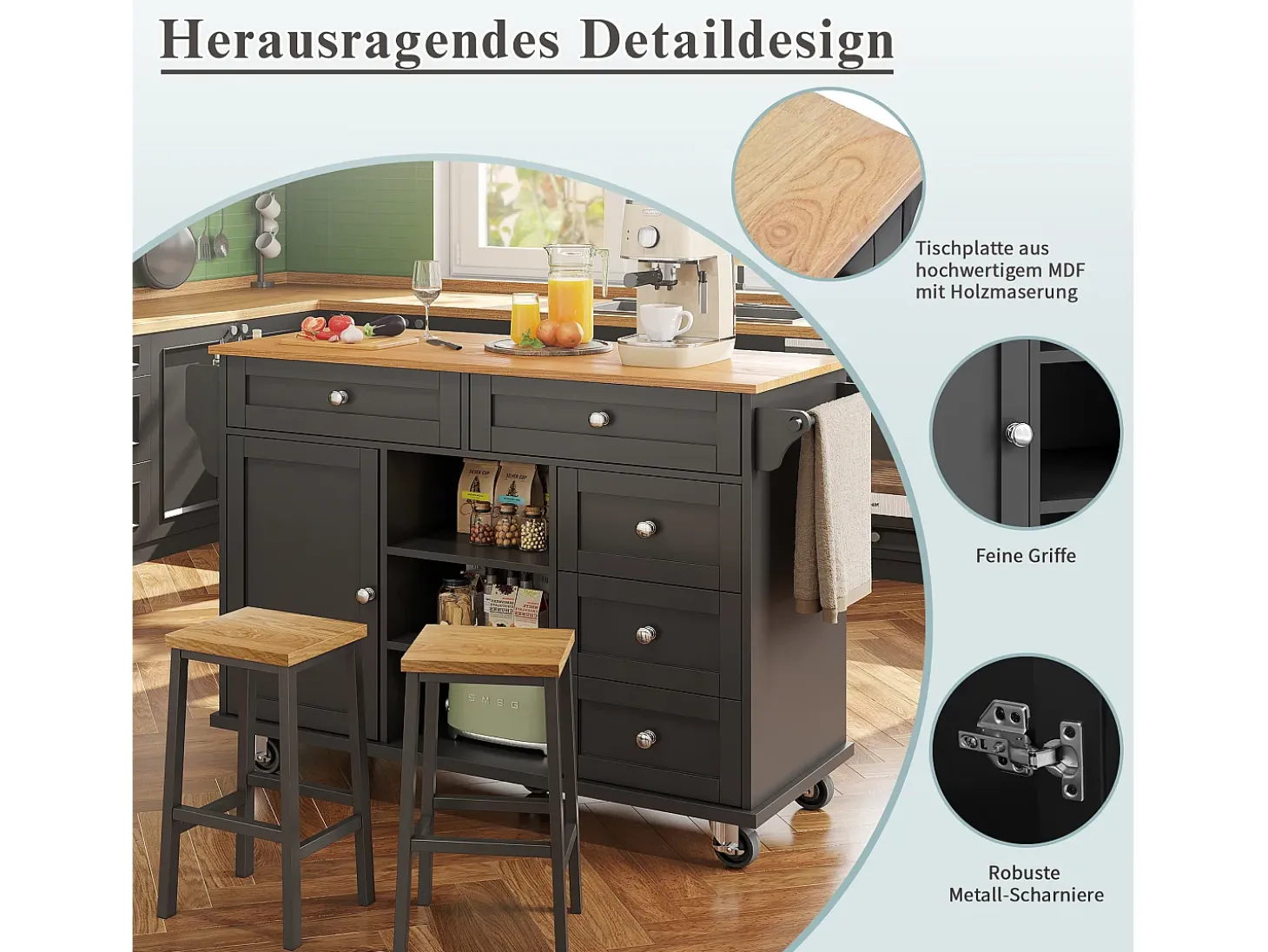 Isla de cocina central fija con una puerta, 5 cajones y 3 compartimentos abiertos - 134 x 46 x 92 cm - Madera MDF - Negro
