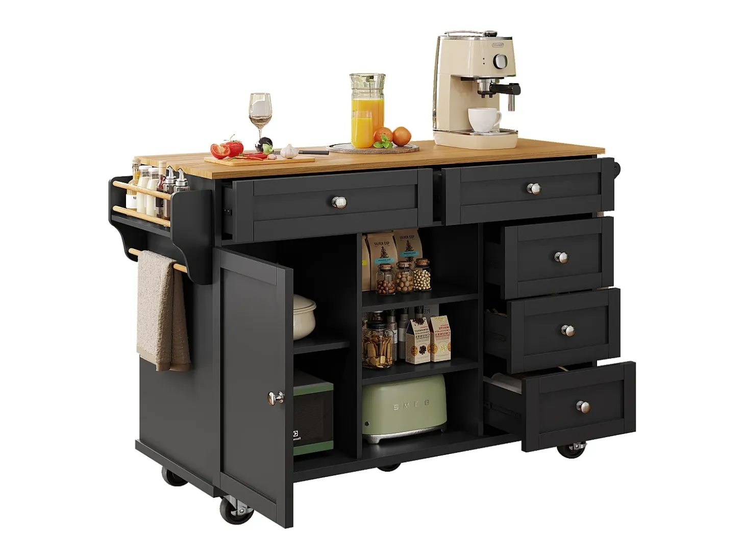 Isla de cocina central fija con una puerta, 5 cajones y 3 compartimentos abiertos - 134 x 46 x 92 cm - Madera MDF - Negro