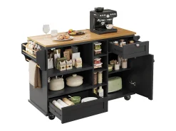 Isla de cocina central móvil con una puerta, 2 cajones y estantes de almacenamiento abiertos - 129 x 46 x 92 cm - Madera MDF - Negro