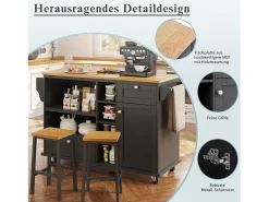 Isla de cocina central móvil con una puerta, 2 cajones y estantes de almacenamiento abiertos - 129 x 46 x 92 cm - Madera MDF - Negro