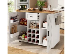 Isla de cocina central móvil - Tablero extensible - 1 cajón y 3 puertas con estantes - con toallero - MDF - blanco y natural