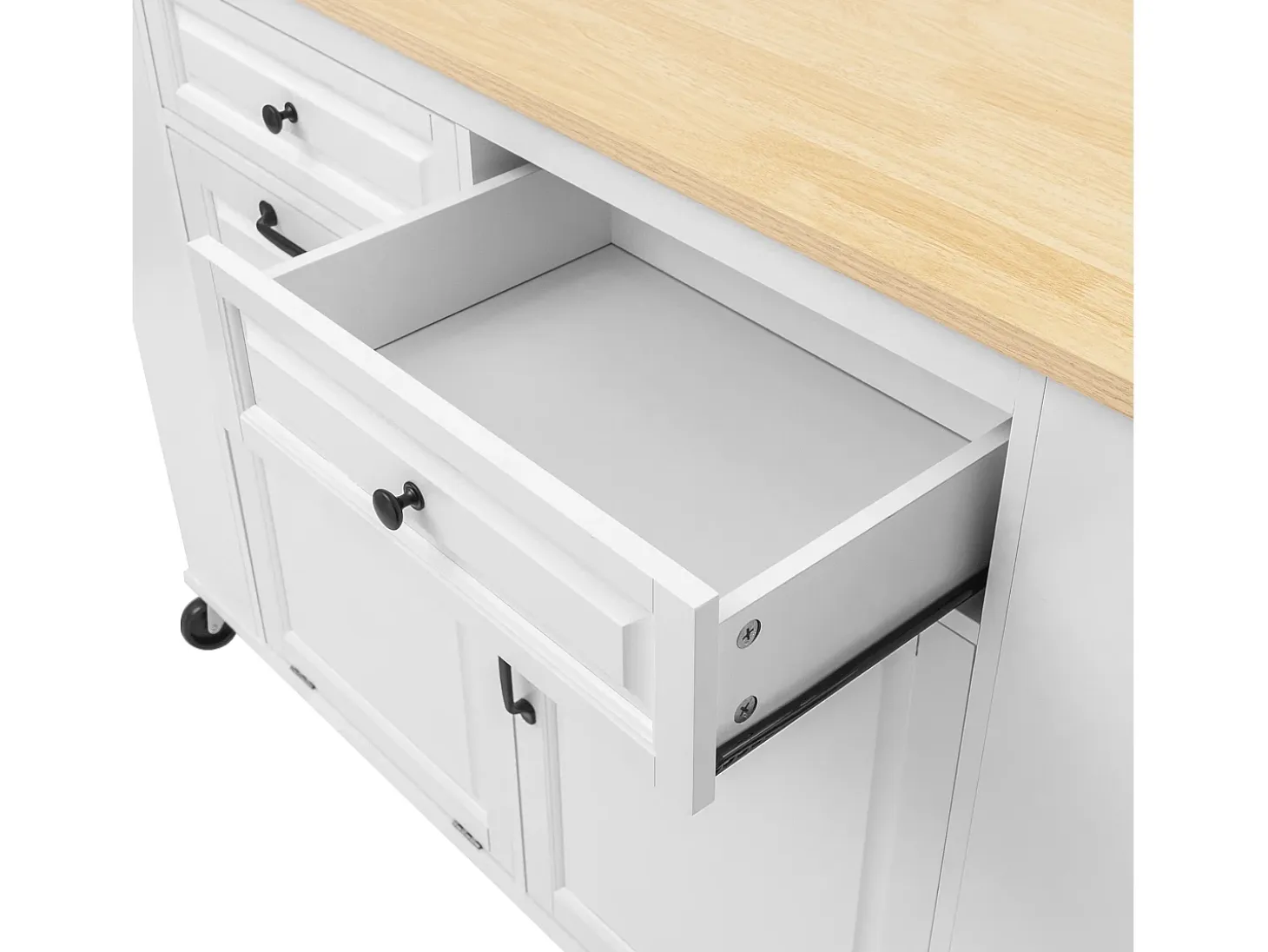 Isla de cocina central móvil 120x40-70x92 cm - con ruedas - con USB - 2 cajones y 2 puertas - tablero extensible - con toallero - blanco