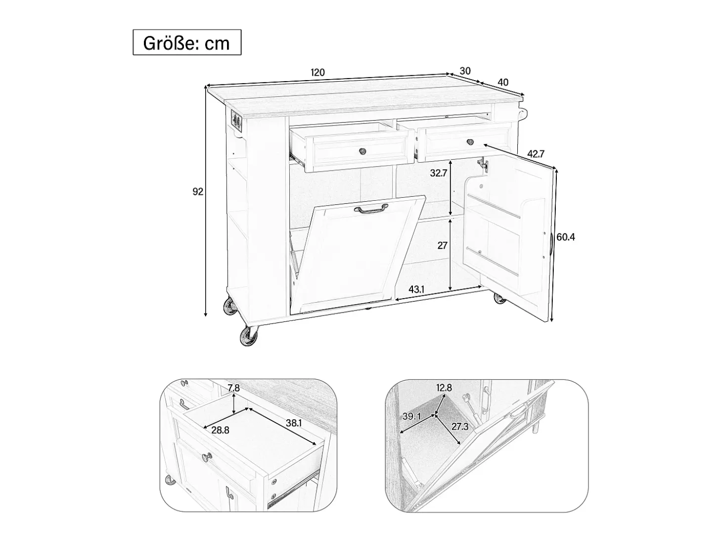Isla de cocina central móvil 120x40-70x92 cm - con ruedas - con USB - 2 cajones y 2 puertas - tablero extensible - con toallero - blanco