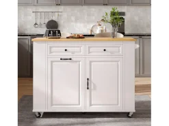 Isla de cocina central móvil 120x40-70x92 cm - con ruedas - con USB - 2 cajones y 2 puertas - tablero extensible - con toallero - blanco