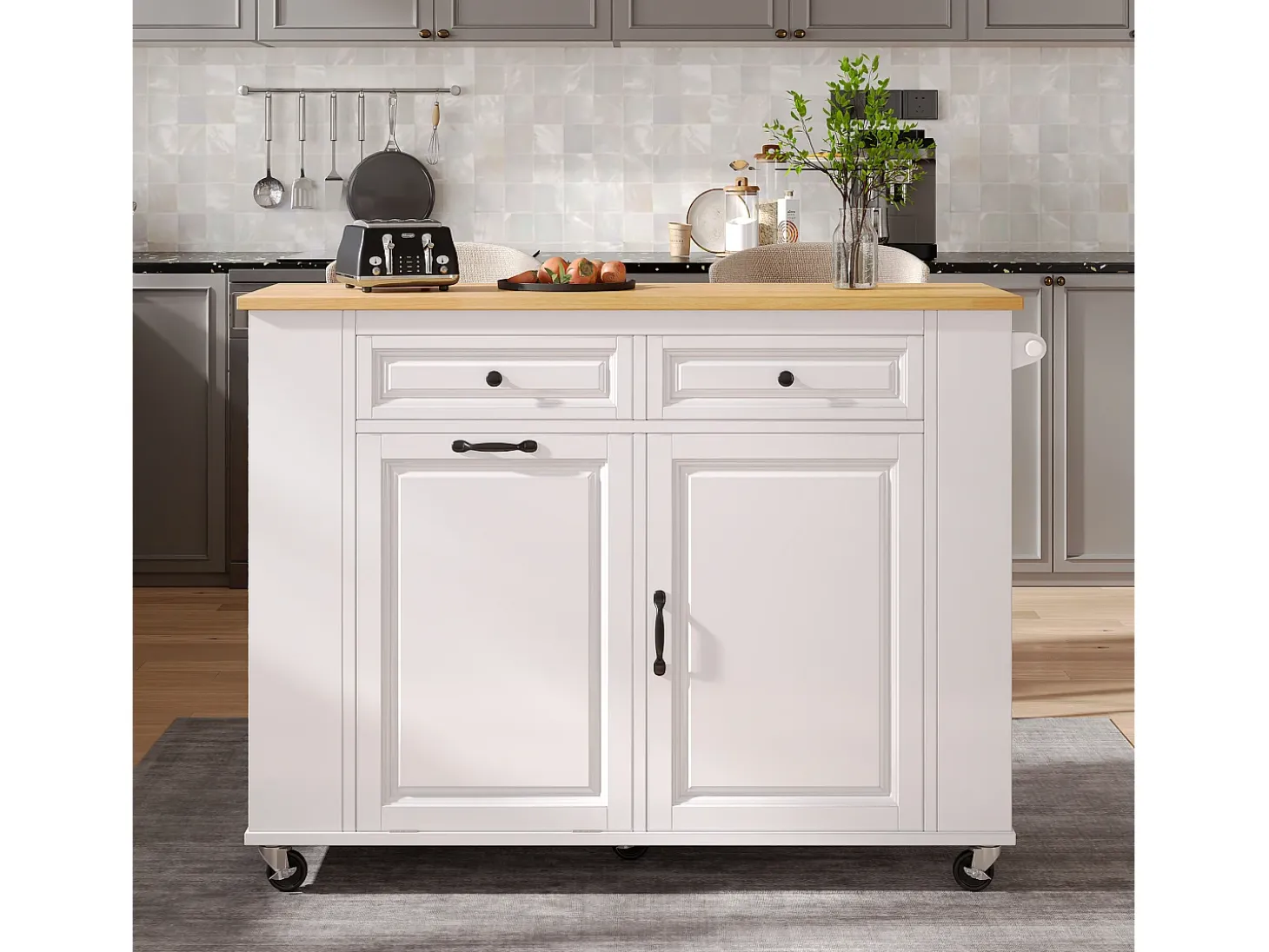 Isla de cocina central móvil 120x40-70x92 cm - con ruedas - con USB - 2 cajones y 2 puertas - tablero extensible - con toallero - blanco