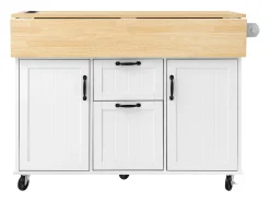 Isla de cocina central móvil 120x40-80x92 cm - con ruedas - con USB - 2 cajones y 2 puertas - tablero extensible - con toallero - negro