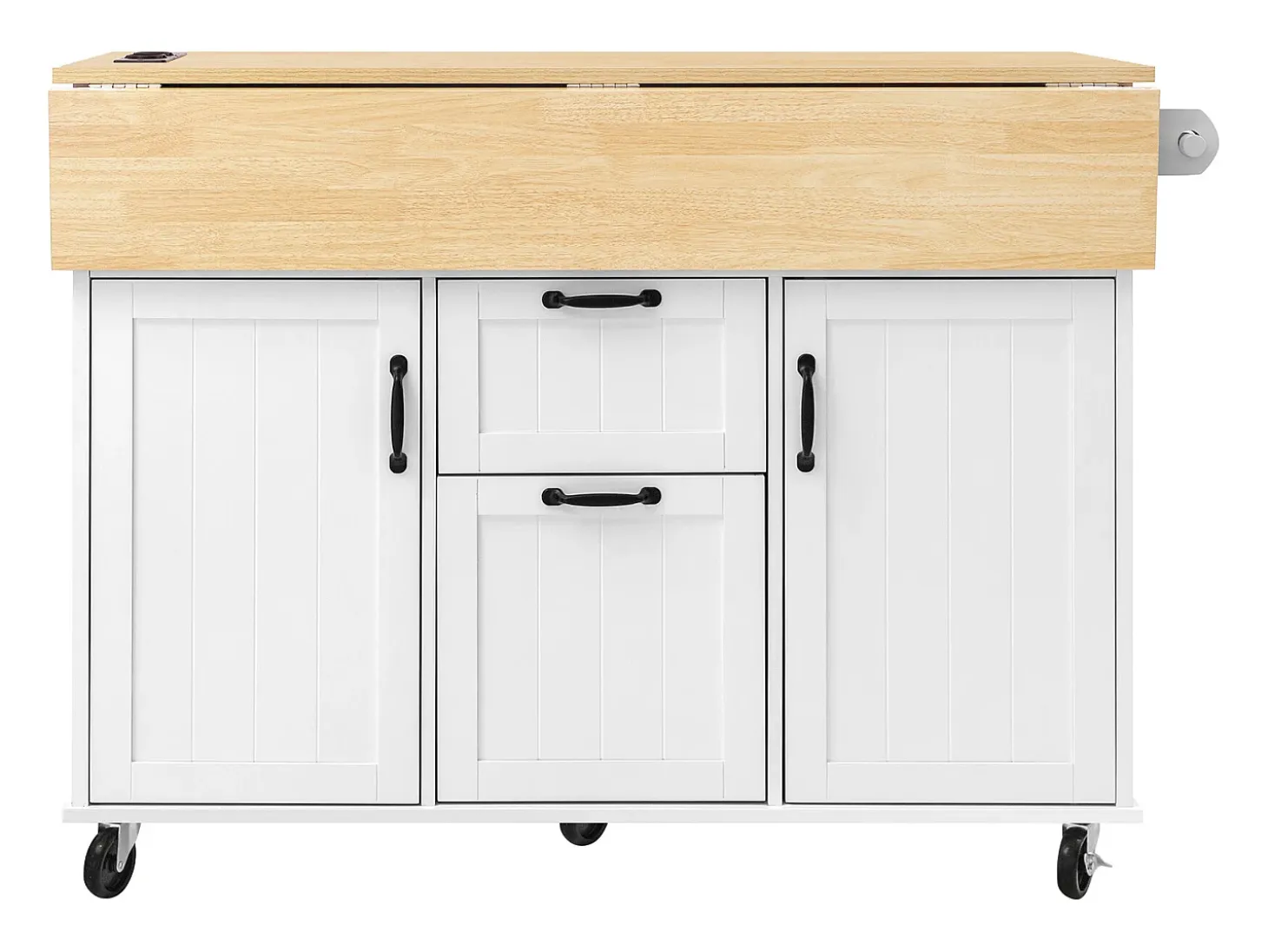 Isla de cocina central móvil 120x40-80x92 cm - con ruedas - con USB - 2 cajones y 2 puertas - tablero extensible - con toallero - negro