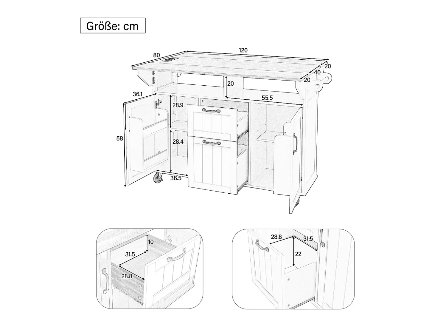 Isla de cocina central móvil 120x40-80x92 cm - con ruedas - con USB - 2 cajones y 2 puertas - tablero extensible - con toallero - negro