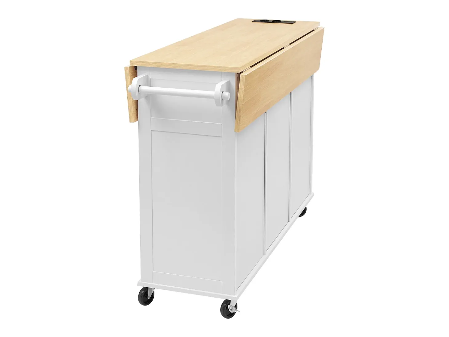 Isla de cocina central móvil 120x40-80x92 cm - con ruedas - con USB - 2 cajones y 2 puertas - tablero extensible - con toallero - negro
