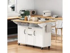 Isla de cocina central móvil 120x40-80x92 cm - con ruedas - con USB - 2 cajones y 2 puertas - tablero extensible - con toallero - negro