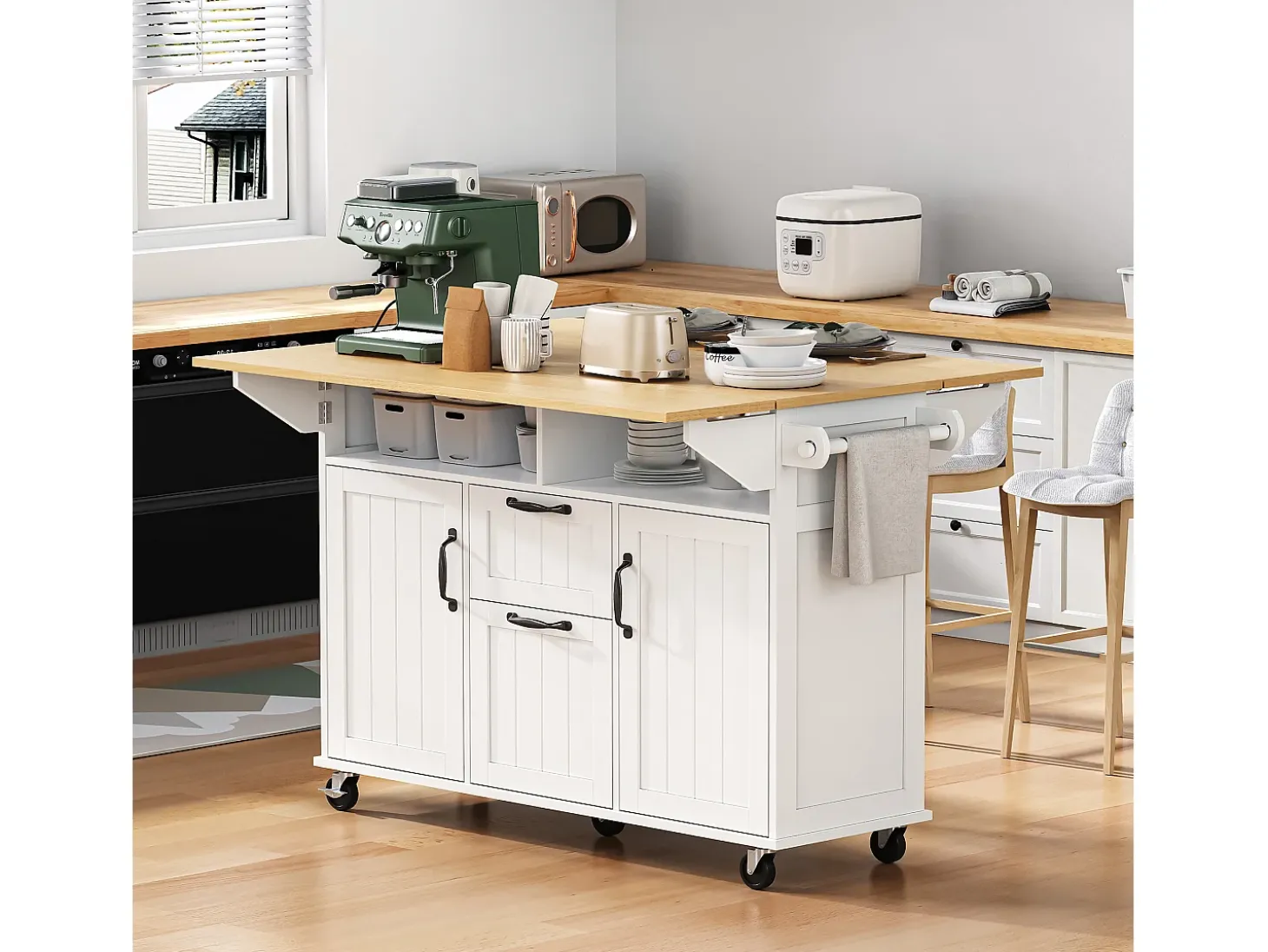Isla de cocina central móvil 120x40-80x92 cm - con ruedas - con USB - 2 cajones y 2 puertas - tablero extensible - con toallero - negro