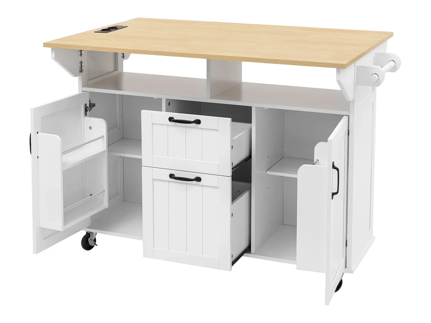Isla de cocina central móvil 120x40-80x92 cm - con ruedas - con USB - 2 cajones y 2 puertas - tablero extensible - con toallero - negro
