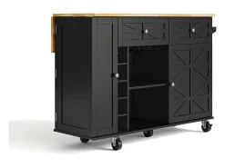 Isla de cocina central móvil - tablero extensible - con portabotellas y toallero - con 2 cajones y 2 puertas - MDF - Negro