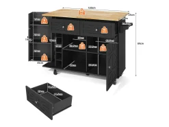 Isla de cocina central móvil - tablero extensible - con portabotellas y toallero - con 2 cajones y 2 puertas - MDF - Negro