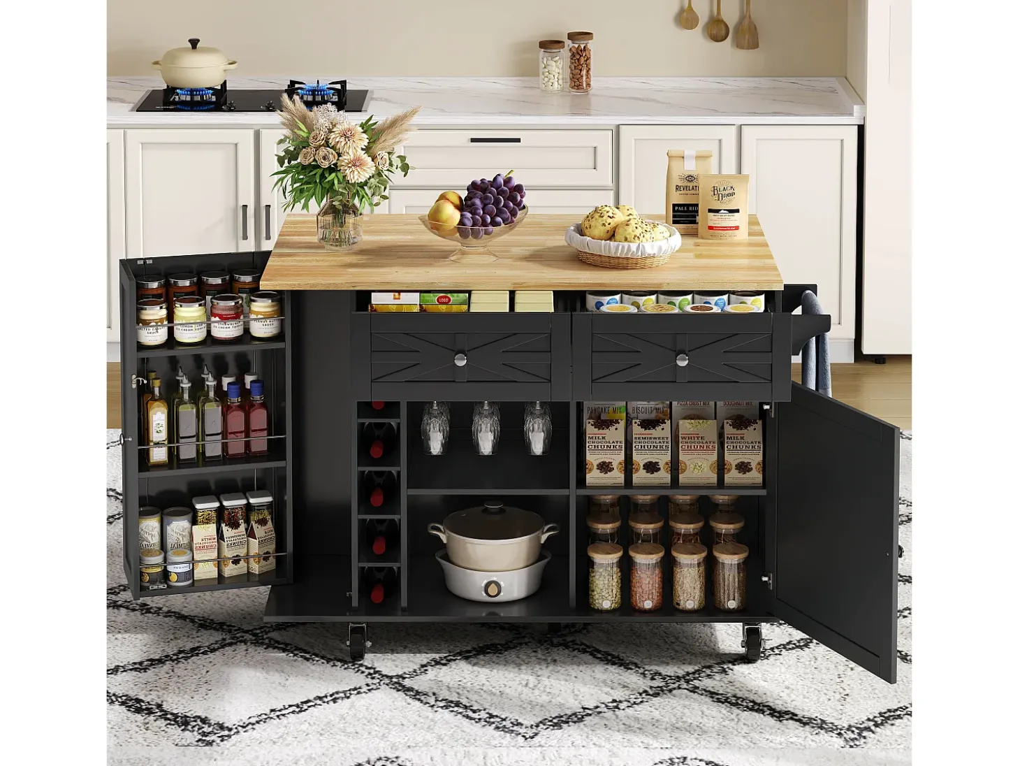 Isla de cocina central móvil - tablero extensible - con portabotellas y toallero - con 2 cajones y 2 puertas - MDF - Negro