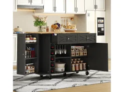 Isla de cocina central móvil - tablero extensible - con portabotellas y toallero - con 2 cajones y 2 puertas - MDF - Negro