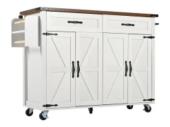Isla de cocina central móvil con 4 puertas y 2 cajones - tapa extensible - 140 x 45/73 x 93 cm - Madera MDF + metal - Blanco + natural