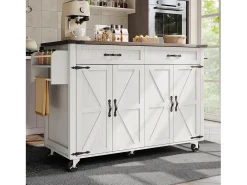 Isla de cocina central móvil con 4 puertas y 2 cajones - tapa extensible - 140 x 45/73 x 93 cm - Madera MDF + metal - Blanco + natural
