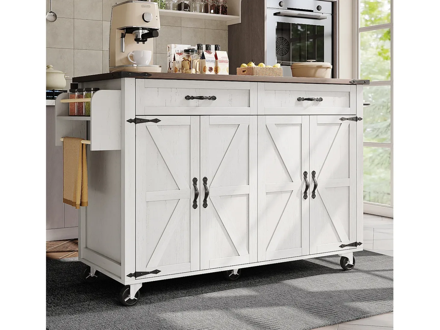 Isla de cocina central móvil con 4 puertas y 2 cajones - tapa extensible - 140 x 45/73 x 93 cm - Madera MDF + metal - Blanco + natural