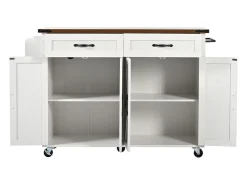 Isla de cocina central móvil con 4 puertas y 2 cajones - tapa extensible - 140 x 45/73 x 93 cm - Madera MDF + metal - Blanco + natural